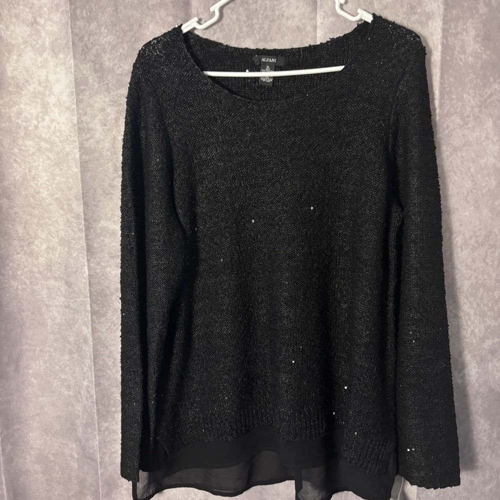 Women's Black Sequin Sparkle Round Neck Sweater Alfani Size Large NWT $80